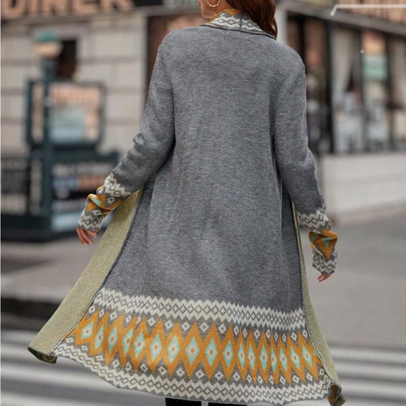 New gray open front geo pattern trim cardigan sweater - Picture 4 of 5